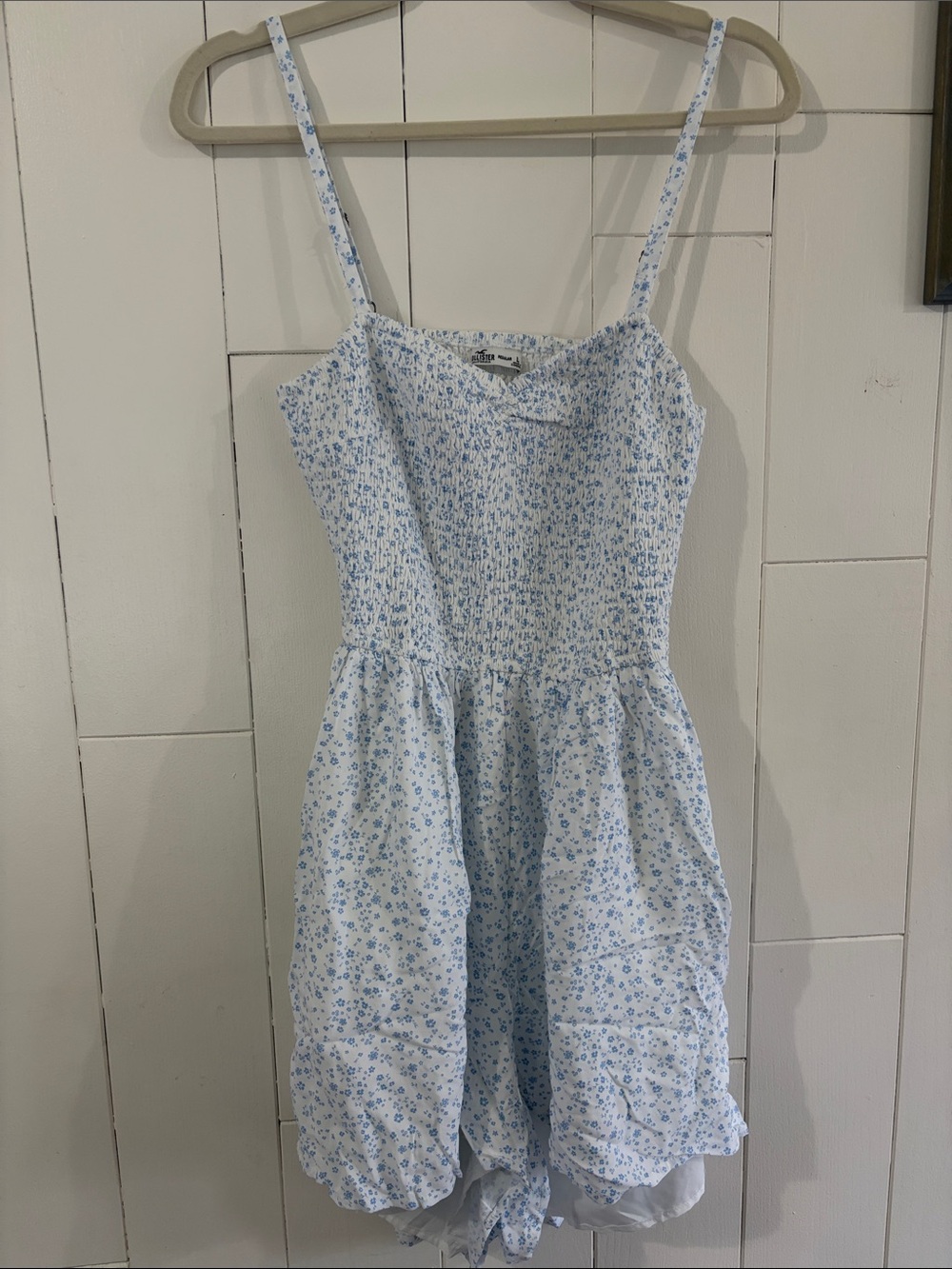 Hollister Light Blue & White Floral Smocked Romper with Cut-out Back